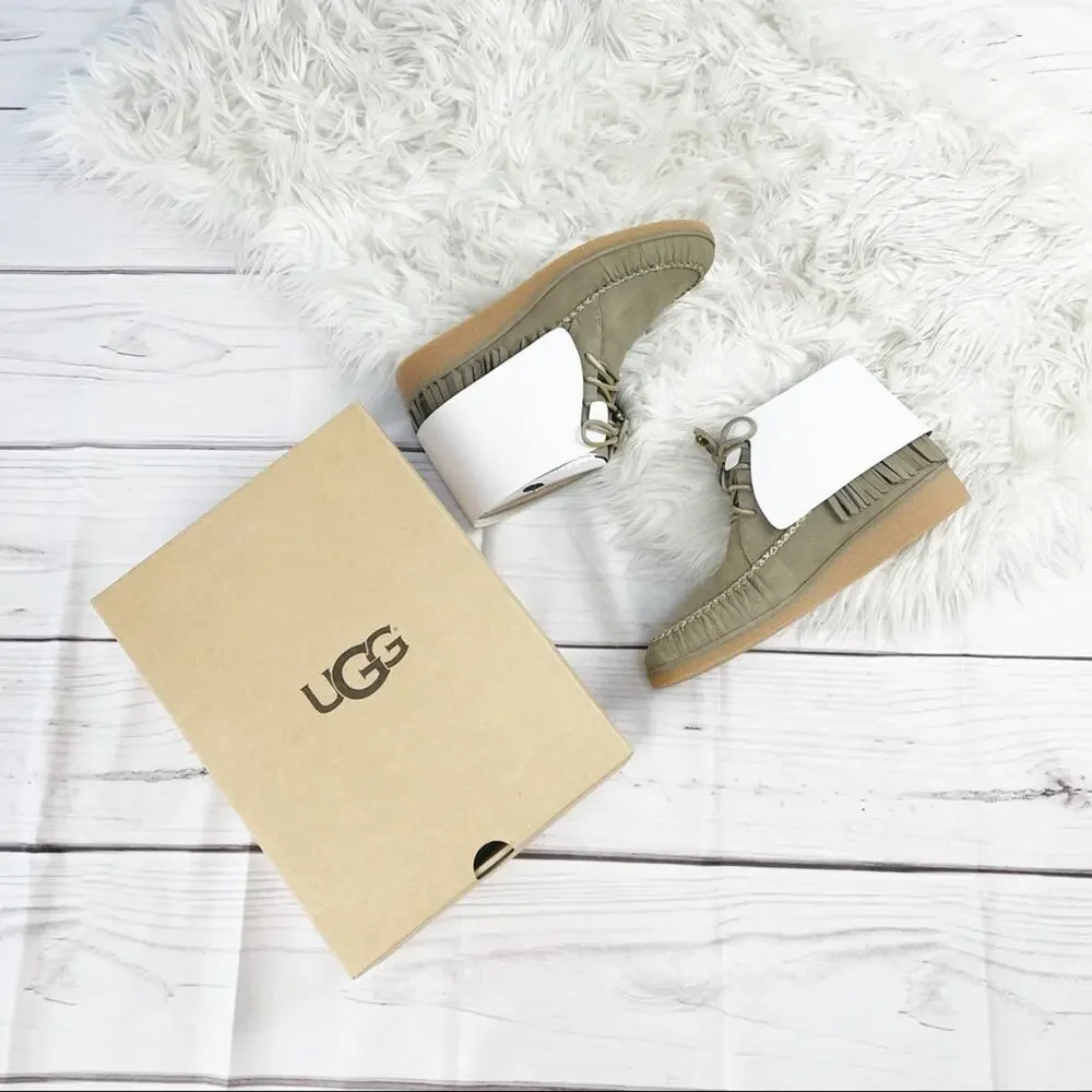 UGG W Caleb Mouse Fringe Nubuck Slip on Leather Booties‎ Moccasins Size 11